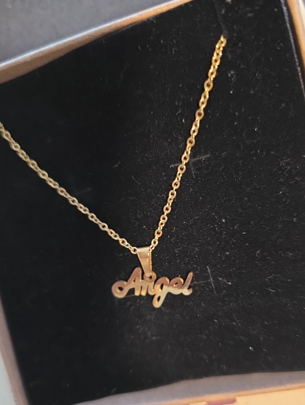 Gold "Angel" Script Nameplate Necklace - Tarnish Free Stainless Steel